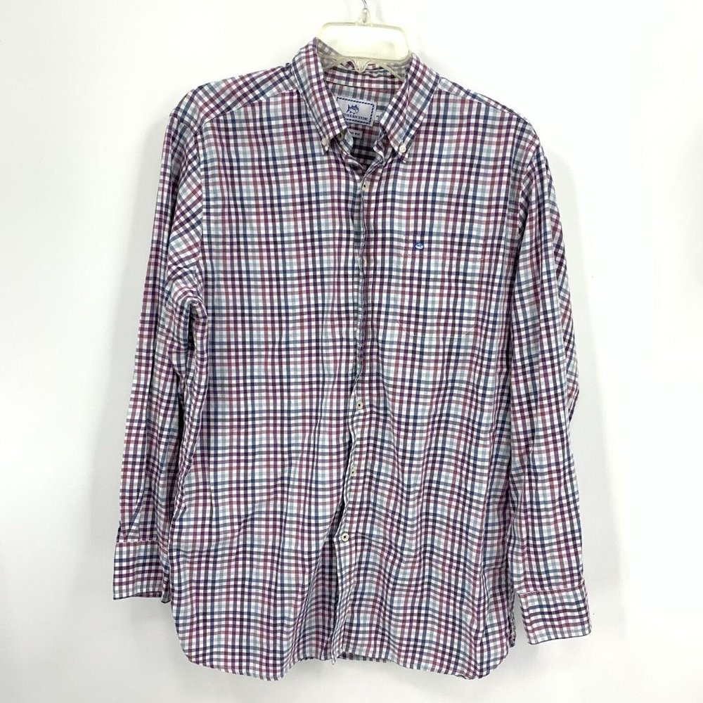 Southern Tide Skipjack Button Down Shirt Burgundy Blue Plaid Cotton Mens Medium